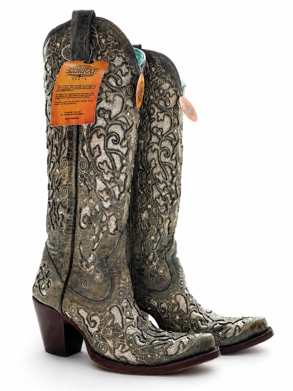 Corral A4346 Tall Glitter Floral Vine Boots BNWT Box Gray Silver Size 7